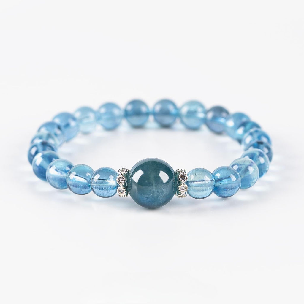Ocean Blue Shield Bracelet – Aquamarine & Obsidian (7mm)