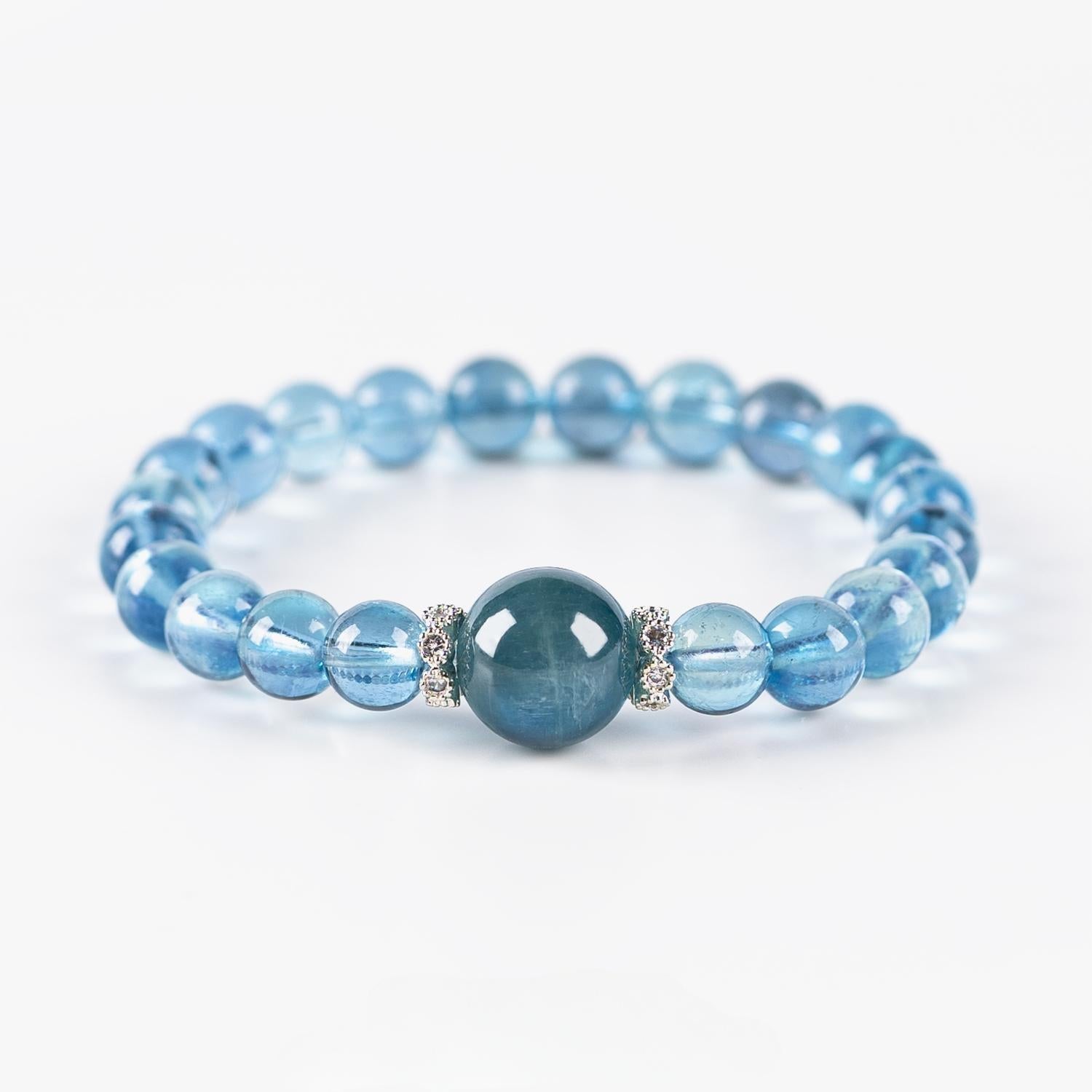Ocean Blue Shield Bracelet – Aquamarine & Obsidian (7mm)