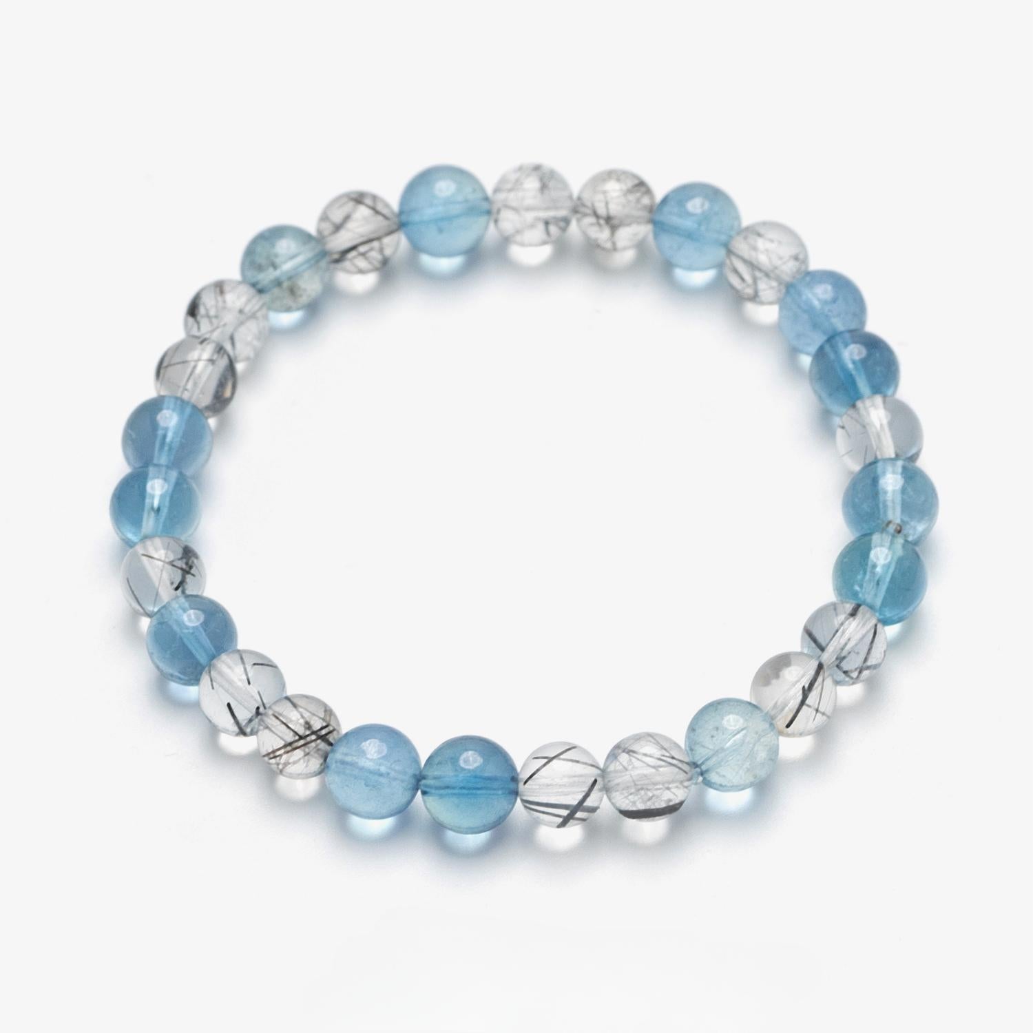 Ocean Calm Aquamarine & Black Rutile Quartz Bracelet – (6mm)