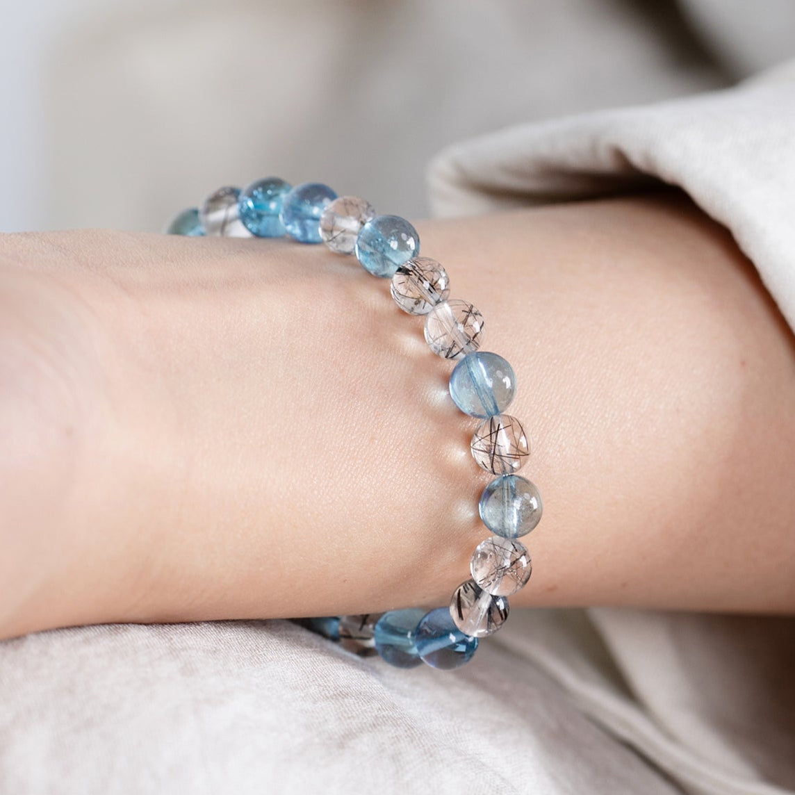 Ocean Calm Aquamarine & Black Rutile Quartz Bracelet – (6mm)