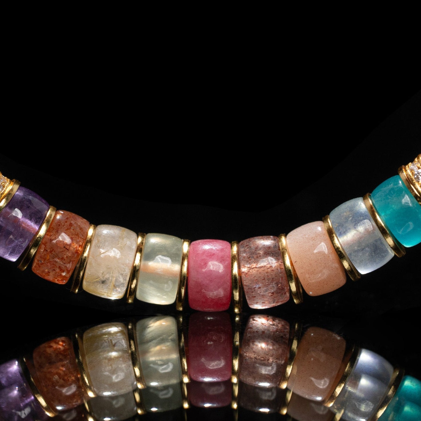 Golden‑Ray Chakra Balance Bracelet – 6 mm Rutilated Quartz & Rainbow Gems