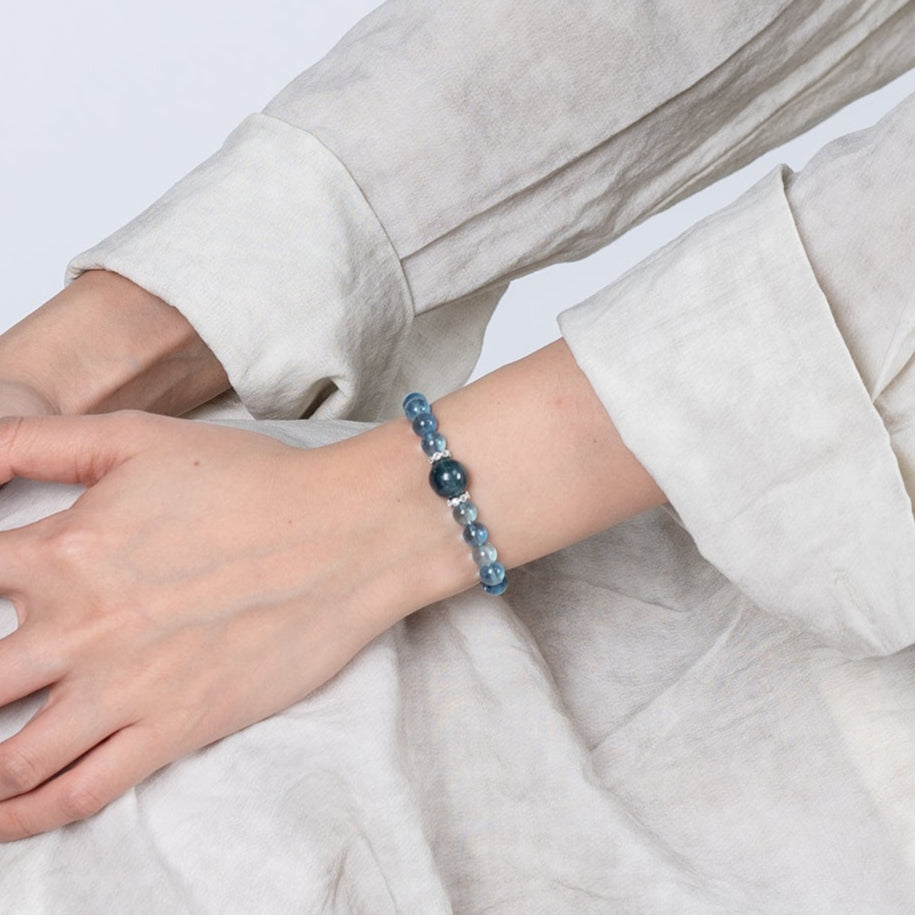 Ocean Blue Shield Bracelet – Aquamarine & Obsidian (7mm)