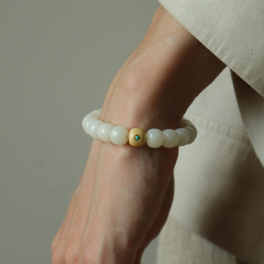 Jade Whisper – Root Bead Bracelet with Turquoise Accent