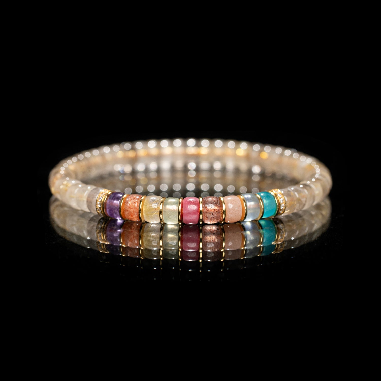 Golden‑Ray Chakra Balance Bracelet – 6 mm Rutilated Quartz & Rainbow Gems