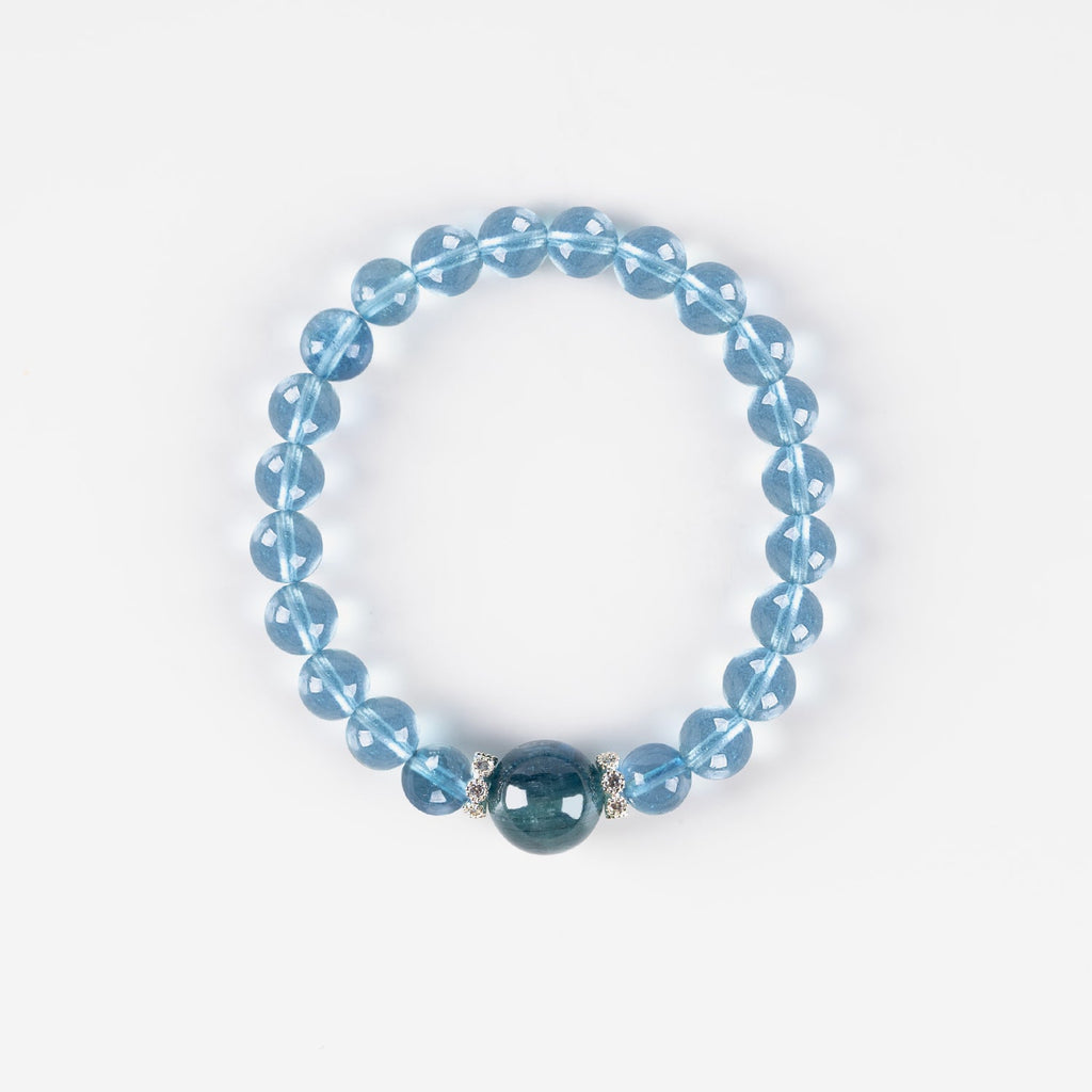 Ocean Blue Shield Bracelet – Aquamarine & Obsidian (7mm)