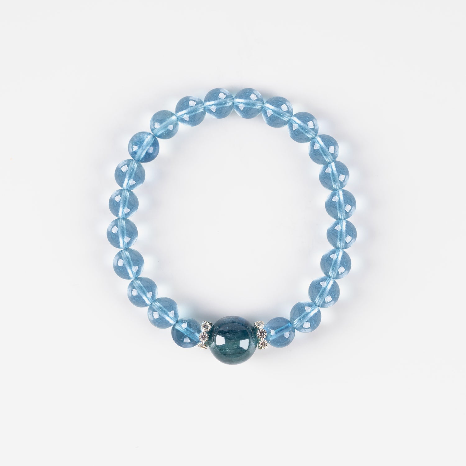 Ocean Blue Shield Bracelet – Aquamarine & Obsidian (7mm)