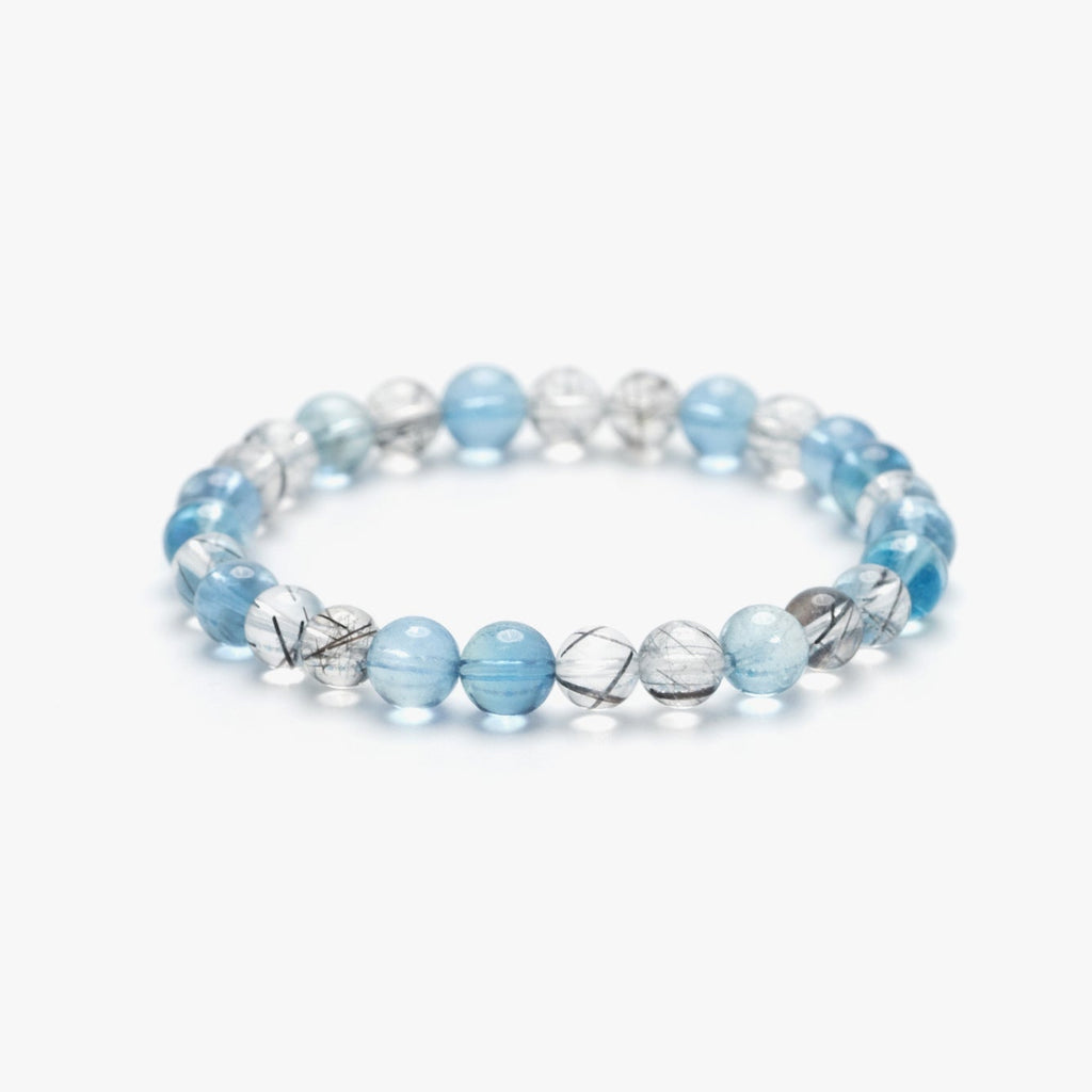 Ocean Calm Aquamarine & Black Rutile Quartz Bracelet – (6mm)
