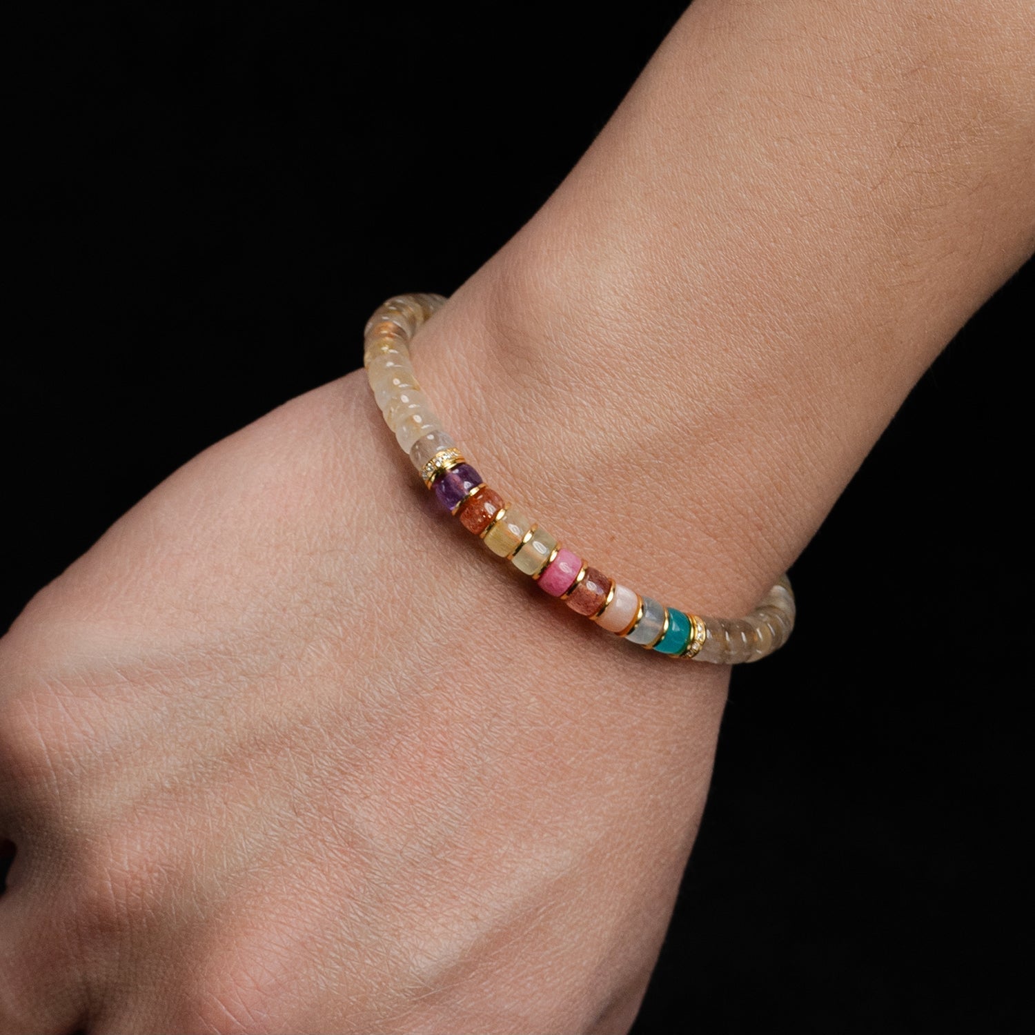 Golden‑Ray Chakra Balance Bracelet – 6 mm Rutilated Quartz & Rainbow Gems