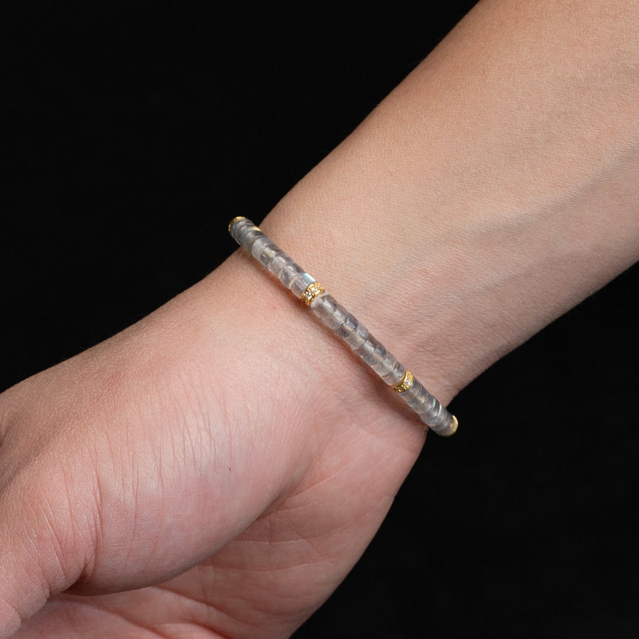 High-Polish Gray Moonstone Bracelet – Barrel Beads (5mm)