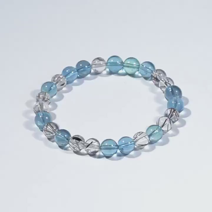 Ocean Calm Aquamarine & Black Rutile Quartz Bracelet – (6mm)