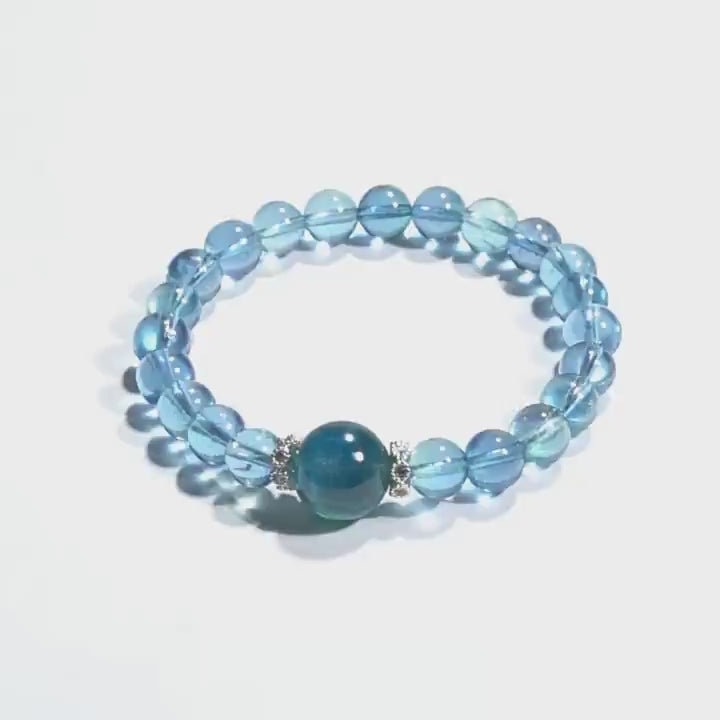 Ocean Blue Shield Bracelet – Aquamarine & Obsidian (7mm)
